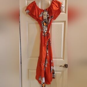 Desigual Orange Cotton Floral Print Off Shoulder Belted Maxi Dress NWT